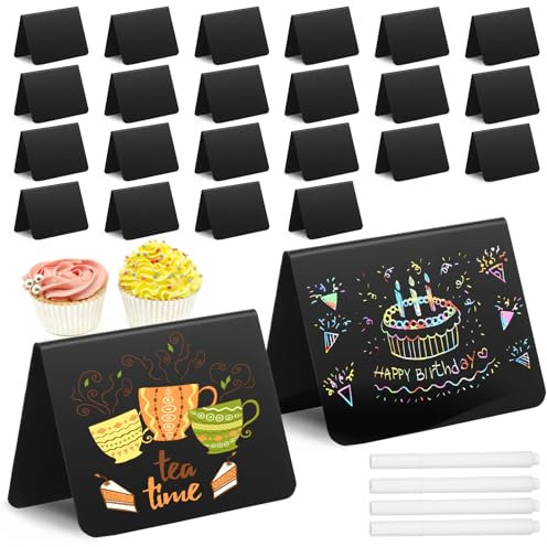 JIANTA Mini Svarta Tavlan 24-pack med 4 Markörpennor - Reserverade Bordsskyltar för Meddelande, 10 x 7,5 cm (V-formad)