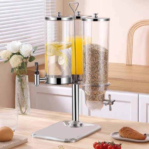 Combo 2 en 1 Dispensador de Zumos y Cereales 6L de Bebidas y 3.5L de Alimentos Secos, Máquina Rotativa de Autoservicio de Bebidas y Frutos Secos, PC y Acero Inoxidable