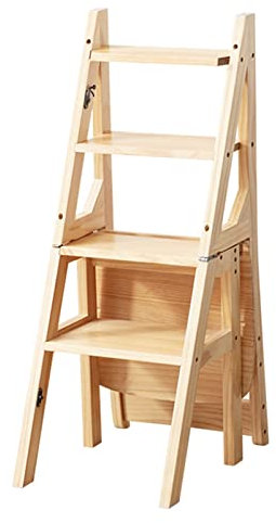 Wooden Folding 4 Step Ladder Chair Multifunctional Library Step Bookshelf with Stairway Chair Ideal for Indoor Kitchen and Office Wood Color