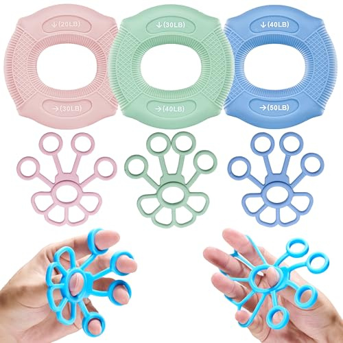 Gimars 6 Pcs Entraîneur de Préhension de Main et Doigts, Exerciseur à la Main, Hand Grip, 3 Nieaux de Résistance pour Renforcement de la Force, Renforce Poignet, Avant-bras & Récupération