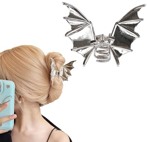 MinoCino Pinza para el pelo, Ganchos de Cabello con forma de ala de murciélago plateada grande para mujer, Pinza de metal con forma de garra para pelo grueso, Accesorios para el pelo antideslizantes