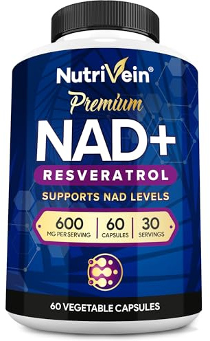Nutrivein Premium NAD + Resveratrol Supplement 600 mg - 30 Servings (60 Capsules): Powerful Synergistic NAD Resveratrol Supplement - Aging, Cognition, Metabolism, & Overall Well-Being