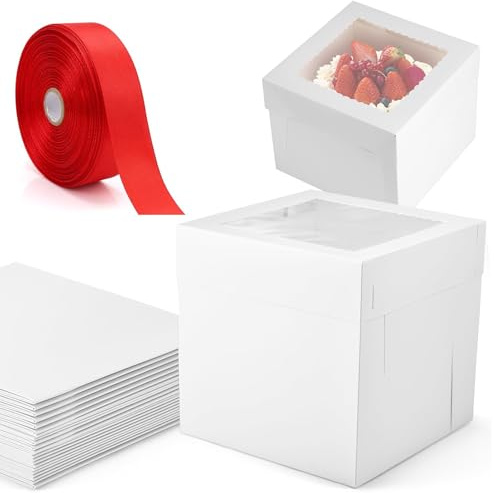 DNSHAN 8 Pieces 12 inch Cake Boxes with Red Ribbon, 12x12x12 Inches Cake Boxes with Window, Paper Bakery Box, Cake Carrier, Cookie Box, Gift Pastry Boxes for Cake Dessert, Pie