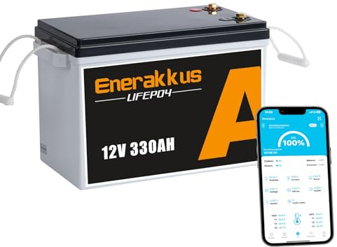 Enerakkus 12V 330AH LiFePO4 Mini Litiumbatteri, 4224Wh Energy Litiumbatteri, 200Ah BMS med Bluetooth, Max. 15 000 laddningscykler i 10 år, för husbilar, solcellssystem, båtar