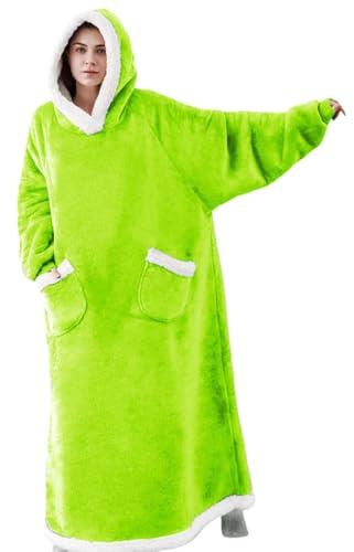 Surwin Franela Albornoz Mujer Ducha, Bata Manta Polar con Bolsillo Capucha, Hombre Cálido Bata de Casa, Invierno Suave Albornoz Ducha de Baño Pijama de Manta Polar (Verde Fluorescente,M)