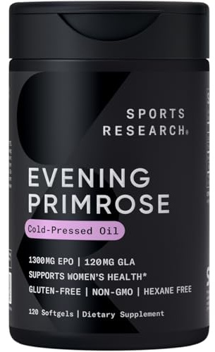 Sports Research Evening Primrose Supplement from Cold Pressed Oil - Softgels for Women’s Health & Skin Health - Gluten Free & Non-GMO GLA - High Potency 1300mg, 120 Count