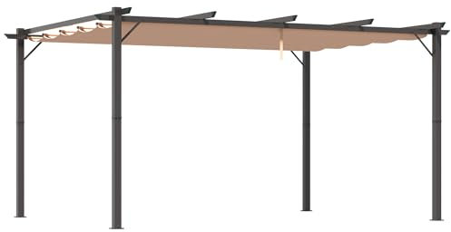 Outsunny Gazebo Pergola da Giardino 3x4m con Telo Scorrevole in Poliestere e Struttura in Alluminio, Grigio e Marrone