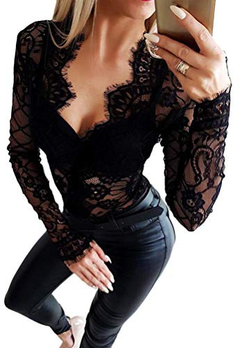 Minetom Femme Body Sexy Grande Taille Manches Longues Noir Teddy Bodysuit Haute Col V Dentelle Clubwear Noir 40