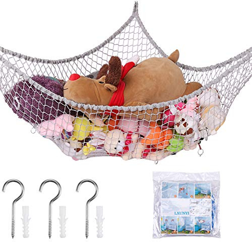 LXUNYI Stuffed Animal Hammock, Toy Hammock, Extra Large Mesh Toy Net Giant Stuff Animal Net Hammock Wall Corner Hanging Plush Animal Storage Net Organizer (Light Gray, 70 inch)