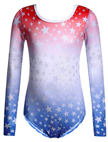 Zaclotre Girls Sparkling Stars Gymnastics Long Sleeve Leotards for Patriotic USA Kids