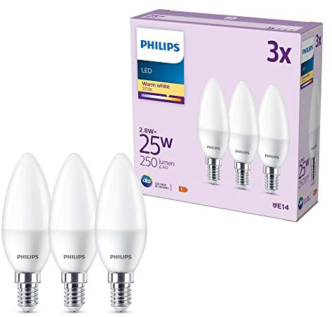Philips LED E14 Candela, confezione da 3 lampadine, equivalente a 25 W, lampadine LED smerigliate, Plastica, Luce Bianca Calda 2700K, LED a risparmio energetico con lunga durata
