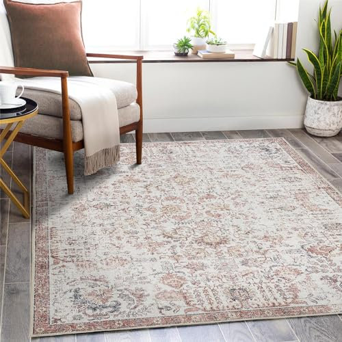 TOPICK Teppich Kurzflor 120x180cm Rot Chenille Vintage Faltbar Suppedünner Waschbar Retro Teppiche Blumen Boho rutschfeste für Innenbereich Küche Wohnzimmer Schlafzimmer Kinderzimmer