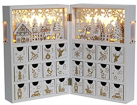 Pioneer Effort Christmas Wooden Advent Calendar Book with Drawers and LED, Reusable Christmas Countdown Wooden Advent Calendar with Village Forest Reindeer Scene Adults Kids(White&Gold)