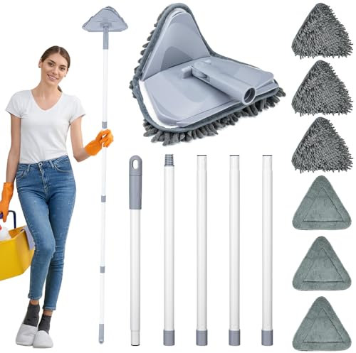 TAOPE Mopa para Limpiar Azulejos y Paredes, Limpiador de Techos con Mango Largo de 200 CM, Fregona Limpieza Plegable con 6 pcs Microfibra Chenilla, Gris Trapeador de Triangular para Ventana