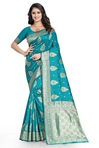 C J Enterprise Sari de seda suave Kanjivaram pura para mujer con blusa para boda (Eagle - 3), Firozi, talla �nica