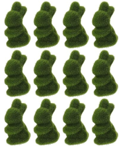 DEARMAMY 12Pcs Easter Furry Moss Bunnies: 3Inches(8cm) Grass Flocked Mini Rabbit Statues for Baskets Tabletop
