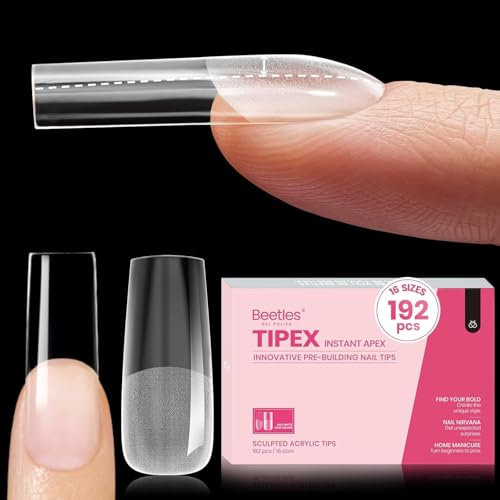 Beetles Tipex Instant Apex Nail Tips,192Pcs Pre-building & Pre-Etched Gel Tips Long Square Thicker Acrylic Strong Full Cover False Nail Extension Building Gel Press-on Nails for Flat Nails