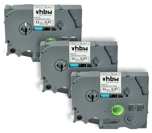 vhbw 3x Schriftband-Kassette kompatibel mit Brother PT H101C, H101GB, H101, H101TB, H105, H100R, H100P Etiketten-Drucker 12mm Schwarz auf Weiß