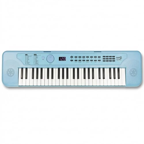 RockJam RJ490BB Mini Teclado Piano de 49 Teclas, Sintetizador Electrónico Portátil Azul bebé con USB-C, Altavoces, Jack de Auriculares, 200 Tonos y Ritmos