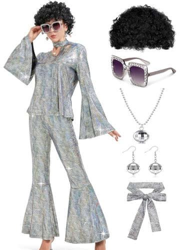 Ragelion disco outfit dam, 60-tals 70-tals outfit dam för halloween fest med toppbyxor tillbehör