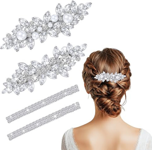 JIEYAO 4 Stück Silberne Blumen-Haarspangen mit Strasssteinen und Kristallperlen - Französische Haarnadeln für Damen - Hochzeitsaccessoires