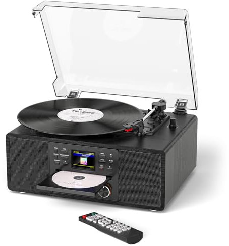 Bluetooth Vinyl Record Player with CD & Internet Radio, 3-Speed Belt-Drive Turntable with USB Recording, AUX/RCA Output, Tone & Remote Control, Vintage Black Vinyl Player for Home Entertainment & Gift