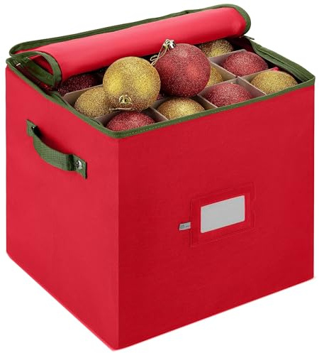Verahaus 64 Christmas Bauble Storage Box with Adjustable Dividers and Zippered Closure – Tear-Resistant Non-Woven Fabric with Transparent Card Slot – Portable with Sturdy Side Handles（Red）