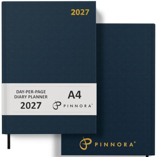 Pinnora Diary 2027 A4 Day Per Page, Navy Blue Year Planner Organiser 2027 Day Per Page, 2027 Planner, Home, School & Office, Hard Back 2027 Diaries, A5 & A4 2027 Diary in Day Per Page & Week To View