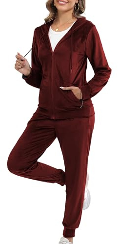 Enjyam Damträningsdress i velour, mysig Nicki-hemmadress, tvådelad joggingdress i mjuk sammet med ribbad jacka med dragkedja och byxor med ficka