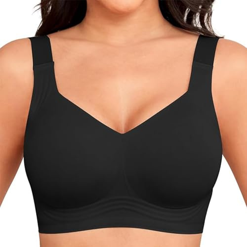 YGJIEGENG Seamless Bra for Women Soft Support Full Coverage Plus Size Deep V Bras Sleep Everyday Bras with Padded(Black XX-Large)