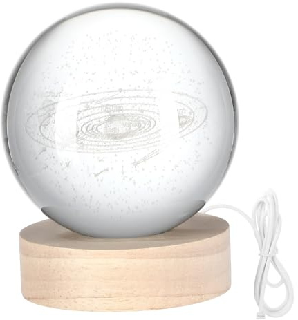 LIFKOME Lámpara De Mesa 3d De Bola De Cristal Luz Nocturna Led Del Sistema Solar, Base De Madera Robusta, Decoración Astronómica Para Habitación y Obsequio Creativo