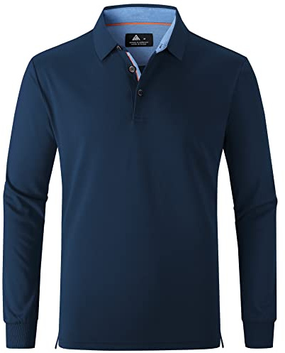 zitysport Polo Hombres Manga Larga Transpirable Secado Rápido Verano Botón Camisetas para Hombre Casual Sport Shirt Basic Regular Fit Golf Camisas(XL Azul Marino)