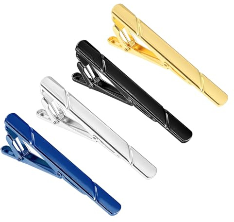 4 PCS Tie Bar Tie Clip for Men Ties Bars Skinny Long Styles Square Edges Different Classic Ties Clamps Tacks Set for Business Party Wedding Best Gift and Daily Life (Gold Silver Black Blue)