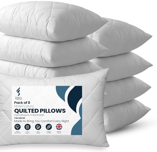 Savera Fashion Quilted Pillows 8 Pack – Hotel Quality Luxury Bed Pillows 48x74cm – Soft Hollowfibre Filling with Cotton Cover – Hypoallergenic Anti-Allergy Bulk Pillows for Home & Guest Rooms