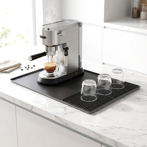 AiQInu Tappetino Asciugatura 2-in-1 per Macchina da Caffè in Silicone, 60 x 40 cm, Antiscivolo Resistente al Calore Facile da Pulire in Silicone per Macchina da Caffè/Cucina Tappetino Asciugante, Nero