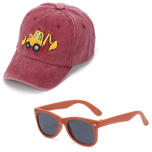Bagger Baseball Cap für Kinder, 2PCS Baseballkappe und Sonnenbrille Set Baseballmütze Snapback Cap Sonnenschutz Kappe Cartoon Sonnenhut Verstellbar Sonnenmütze Set für Kinder(Rot)