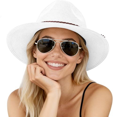 DRESHOW Mujeres Sombrero de Panamá Sombreros de Paja Sombrero de Verano Sombrero de Playa Fedora Sombrero de ala Ancha Sombrero de Paja UPF 50+