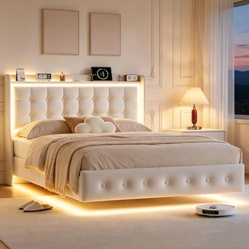 BRILVERDE Svävande säng 160 x 200 med LED och USB, stoppad säng med ribbotten och sänggavel, dubbelsäng, ungdomssäng, sängram för vuxna och tonåringar, sammet (beige, 160 x 200 cm)