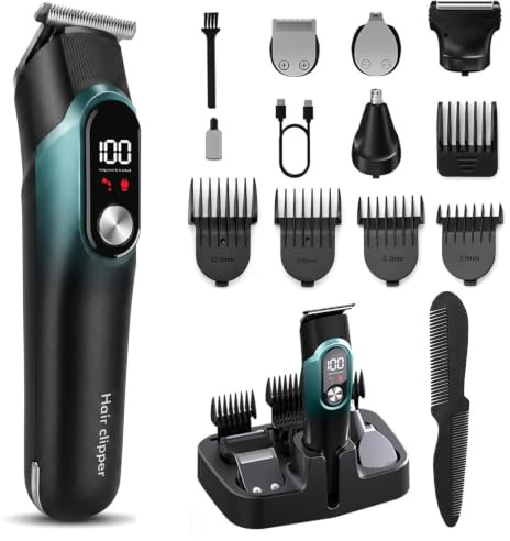 5 en 1 Recortadora de Barba Afeitadora Electrica Cortapelos Hombre Maquina de Cortar Pelo Hombre para Nariz Orejas y Cejas Corporal Cortadoras de Facial con Pantalla LED, Carga USB