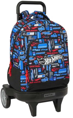 Safta | Mochila Grande con Ruedas Hot Wheels Compact Evolution Extraíble, 93 cm Alto, Carro con Asa Extensible y Bloqueo, Ruedas Ultrasilenciosas Antivibración, Espalda Acolchada, Medidas 33x22x45 cm