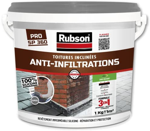 Rubson Revêtement Anti-Infiltrations Stop fuite Gris 1 kg, pour réparation & étanchéité de toitures inclinées & plates, Résine silicone imperméable -anti-fissures