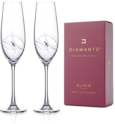 DIAMANTE Two Swarovski Atlantis Champagne and Prosecco Glasses Embellished with Crystals - Set of 2pcs in a Gift Box