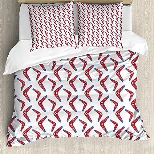 ABAKUHAUS aborigeno Set Copripiumino, Boomerang Motif, 3 Pezzi con 2 Federe Cuscini, 200 x 200 cm - 80 x 80 cm, Vermilion Multicolor