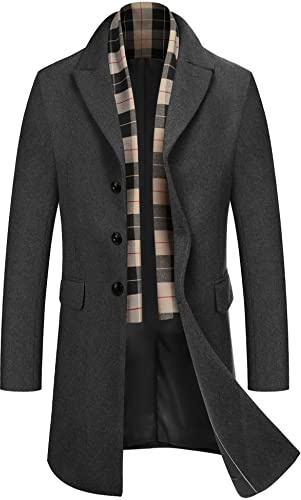 COOFANDY Men's Wool Blend Coat with Detachable Plaid Scarfs Notched Collar Single Breasted Pea Coat, Grey, Large