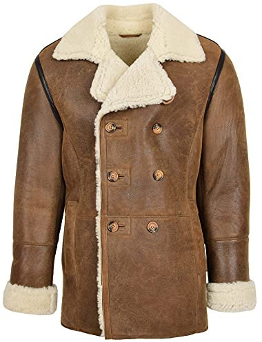 House of Leather Herren Echt Schaffell Jacke Doppelt Gebrüstet Erbsenmantel Reefer Theo Cognac XL