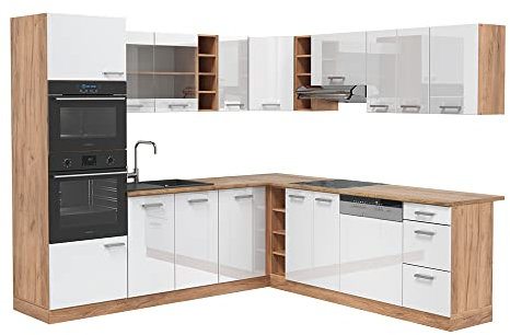 Vicco Eckküche R-Line, Weiß Hochglanz/Goldkraft Eiche, 237 x 247 cm ohne Arbeitsplatte