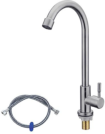 Cold Water Only Faucet 1 Hole Gooseneck Kitchen Sink Taps with 360 Degree Swivel Spout Lead-Free Single Handle SUS304 Stainless Steel Deck Mount Sink Bar Tap with One 80CM Long Hose Brushed Nickel