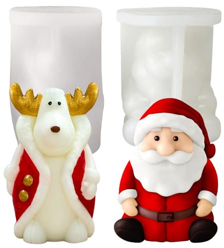 Moules à bougies de Noël Moule en Silicone Père Noël Moule À Savon en Silicone Bougie Moules pour DIY Père Noël et cerf Gâteau Fondant Savon Chocolat Bonbons