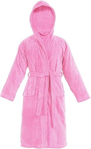 Crescent Textile Kids Bathrobes 100% Cotton Hooded Style Terry Towelling Shawl Collar Bath Robe For Toddler Boys Girls Children Dressing Gown (UK, Age, 12 Years, 14 Years, Regular, Pink)