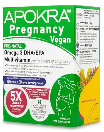 APOKRA Vitaminas Prenatales | 25 Nutrientes con Omega 3, Acido Folico Embarazo (Metilfolato Quatrefolic), Omega 3 Vegano y Ácido Fólico Alta Absorción, 60 Comprimidos